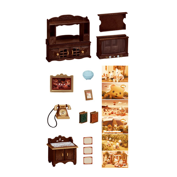 Sylvanian Families Classic Brown Furniture Kitchen Stove Cupboard Dining Table Bed Desk TV Telephone Sofa Doll House Accessories Miniature Toys