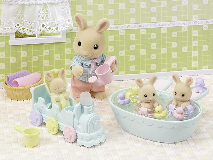 Sylvanian Families Milk Rabbit Large Bath Chocolate Rabbit Care Set Triplets Baby Doll House Accessories Miniature Toys