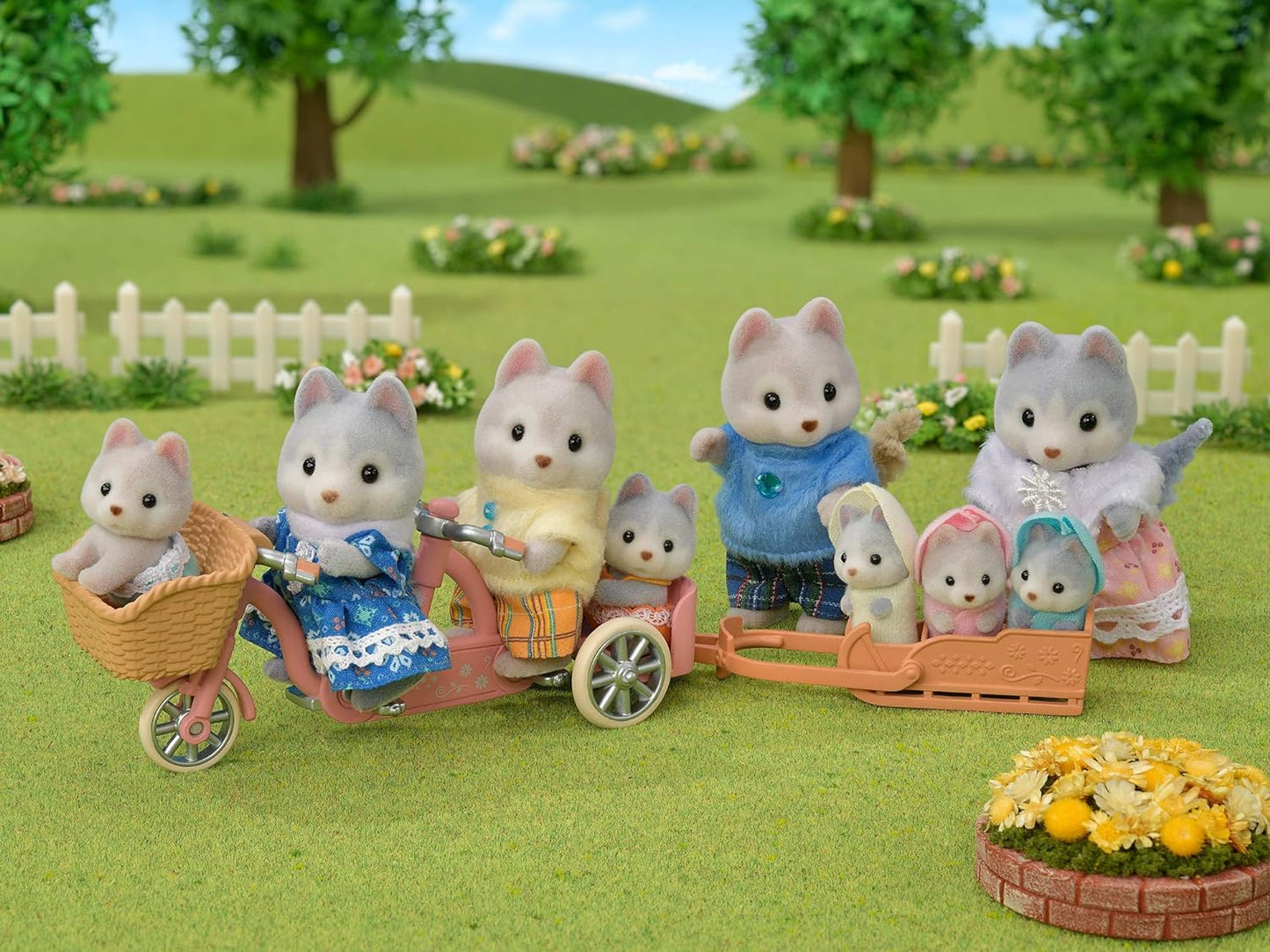 Sylvanian Families Husky Family Cycling Set Twins Baby Doll House Accessories Miniature Toys