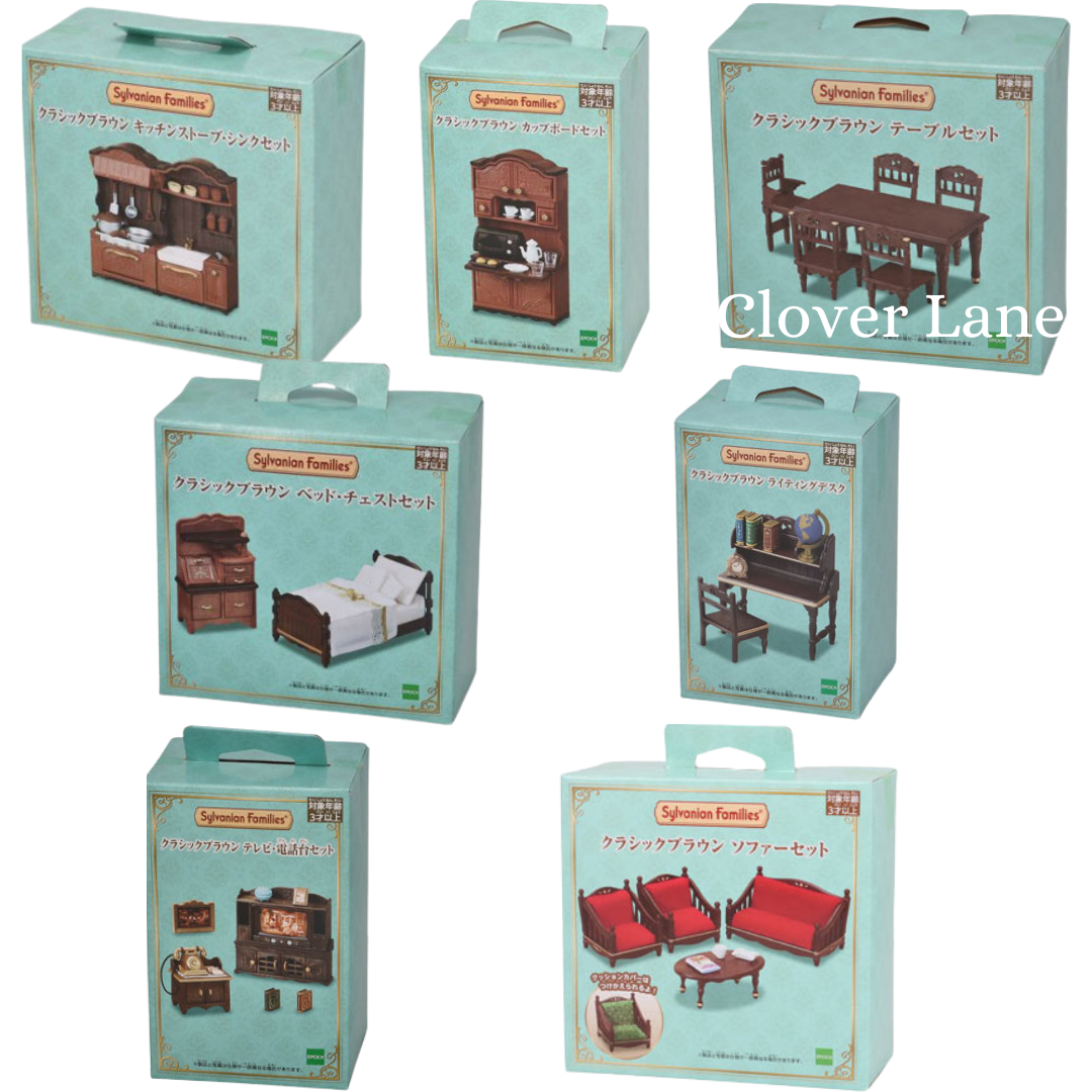 Sylvanian Families Classic Brown Furniture Kitchen Stove Cupboard Dining Table Bed Desk TV Telephone Sofa Doll House Accessories Miniature Toys