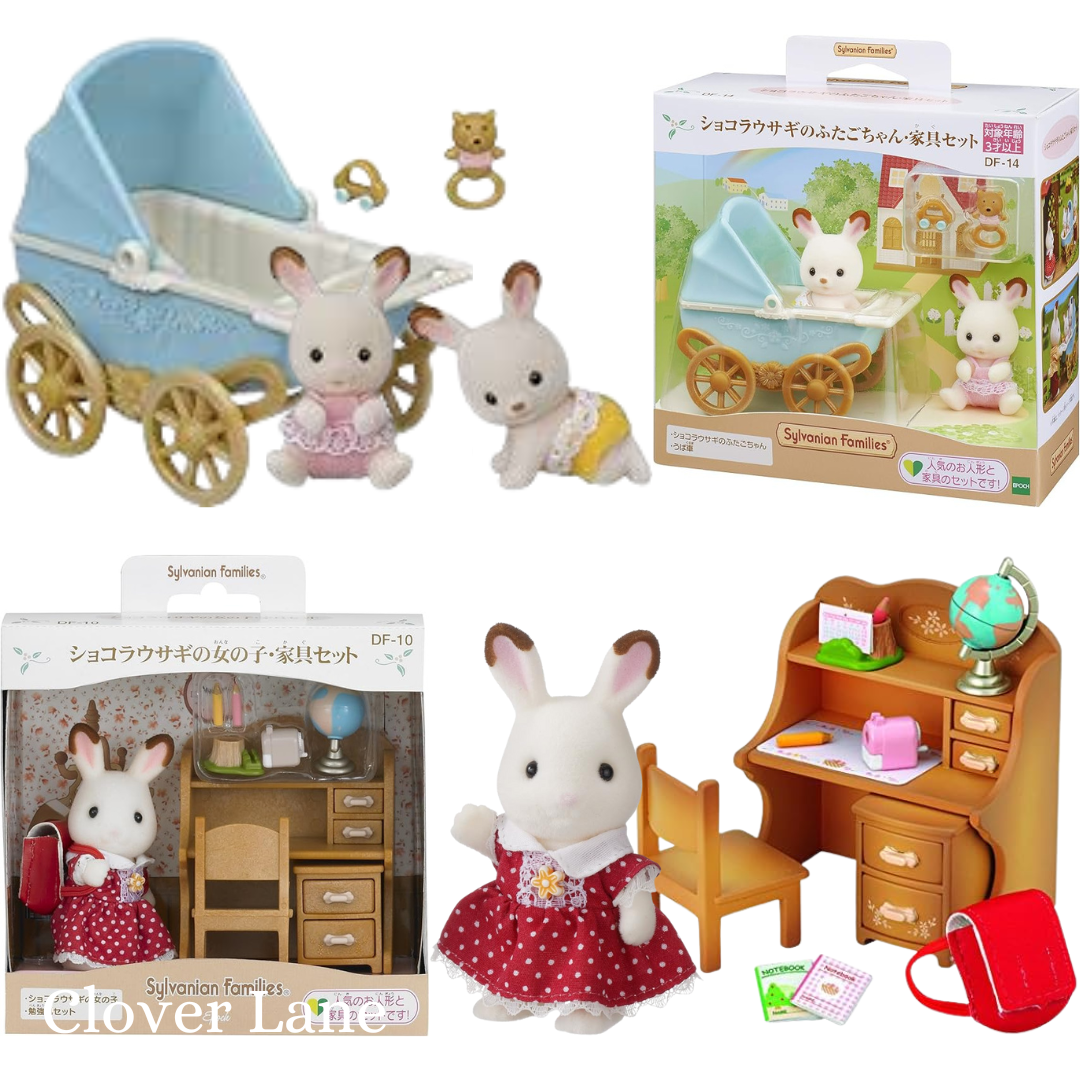 Sylvanian Families Chocolate Rabbit Twins Baby Pram Stroller Sister Desk Doll House Accessories Miniature Toys