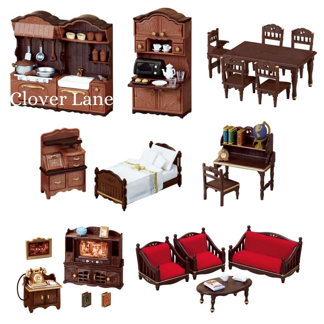 Sylvanian Families Classic Brown Furniture Kitchen Stove Cupboard Dining Table Bed Desk TV Telephone Sofa Doll House Accessories Miniature Toys