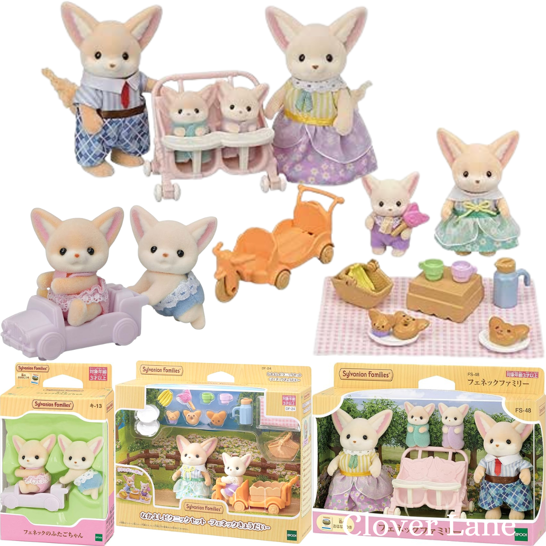 Sylvanian Families Fennec Fox Family Bicycle Picnic Twins Baby Doll House Accessories Miniature Toys