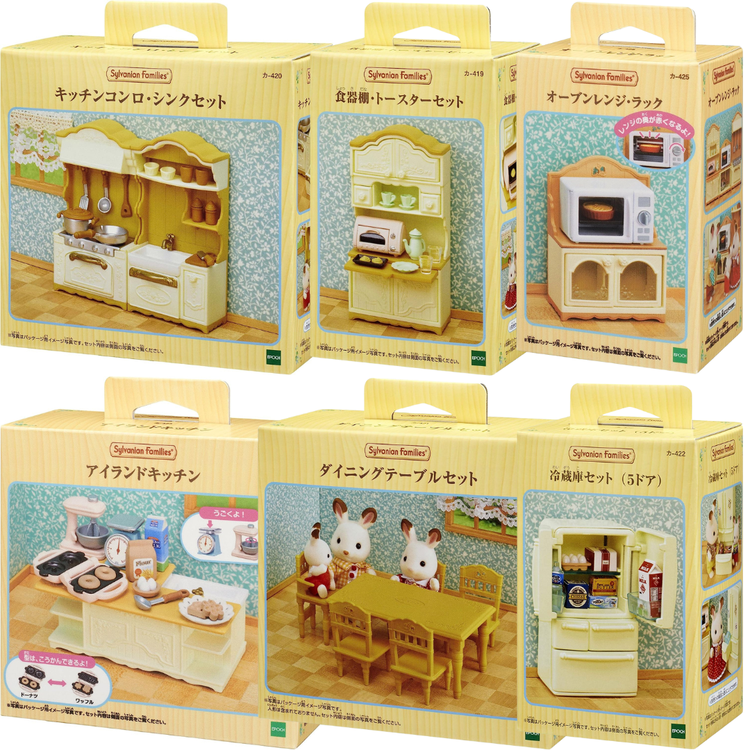 Sylvanian Families Furniture Kitchen Stove Cupboard Island Microwave Refrigerator Table Doll House Accessories