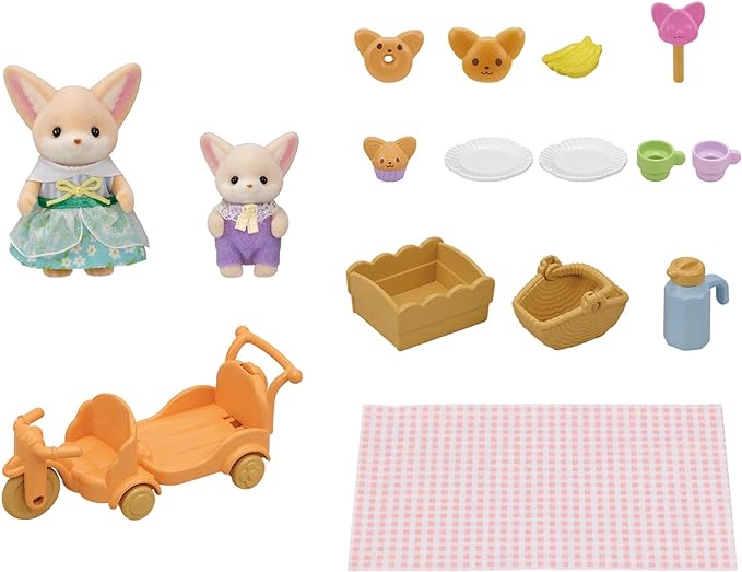 Sylvanian Families Fennec Fox Family Bicycle Picnic Twins Baby Doll House Accessories Miniature Toys
