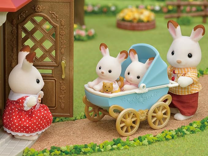 Sylvanian Families Chocolate Rabbit Twins Baby Pram Stroller Sister Desk Doll House Accessories Miniature Toys
