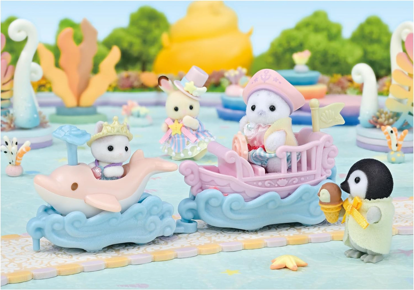 2024 Sylvanian Families Amusement Park Seal and Latte Cat baby in Boat Dolphin Ride