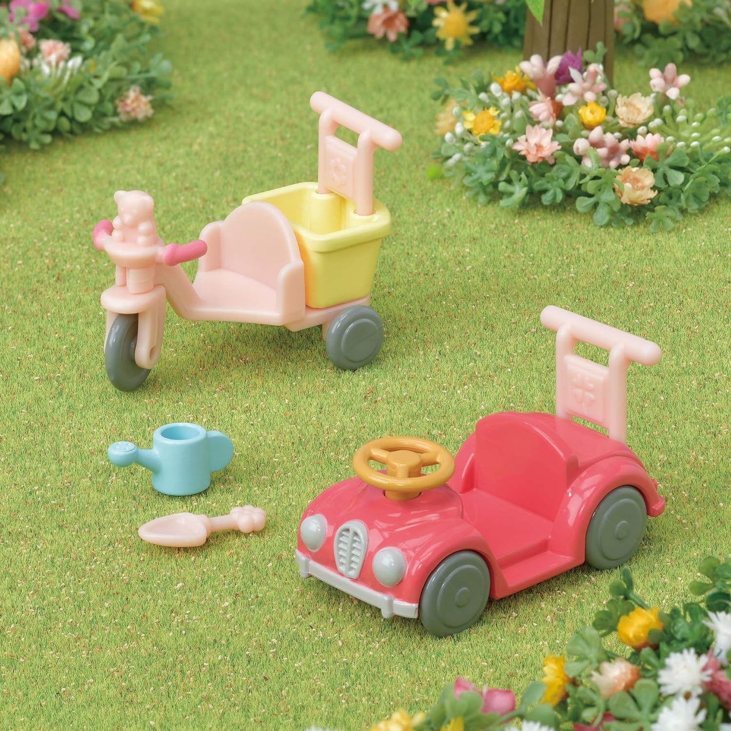Sylvanian Families Three Seater Kids Bicycle Tricycle and Car Baby Doll House Accessories Miniature Toys