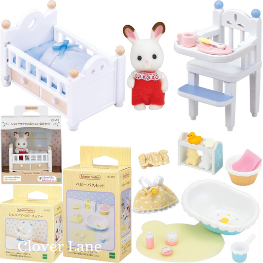 Sylvanian Families Chocolate Rabbit Baby Crib High Chair Bath Doll House Accessories Miniature Toys