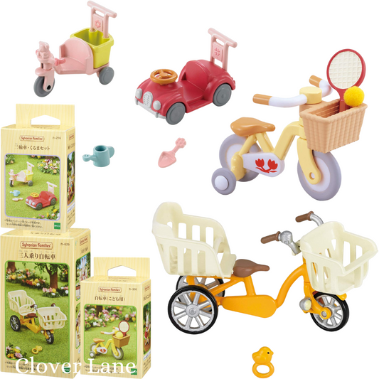 Sylvanian Families Three Seater Kids Bicycle Tricycle and Car Baby Doll House Accessories Miniature Toys