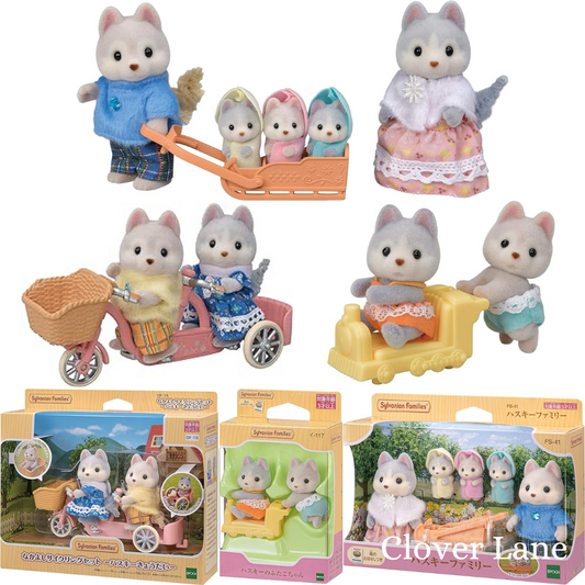 Sylvanian Families Husky Family Cycling Set Twins Baby Doll House Accessories Miniature Toys