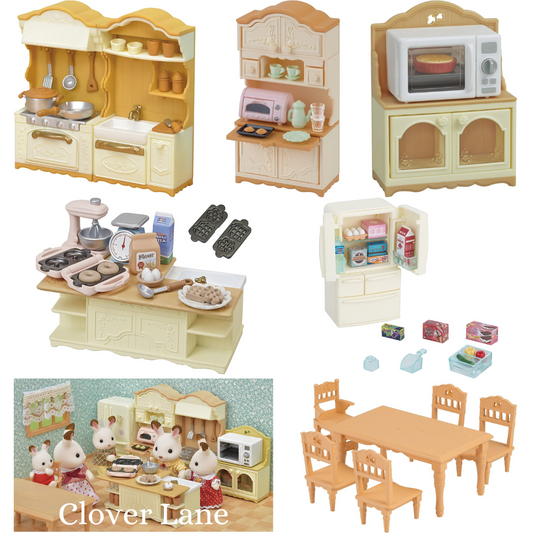 Sylvanian Families Furniture Kitchen Stove Cupboard Island Microwave Refrigerator Table Doll House Accessories