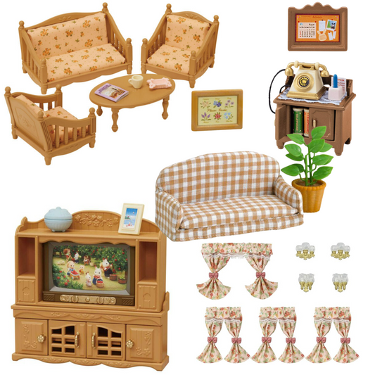 Sylvanian Families Sofa Armchair Television Telephone Curtain Wall Lamps Living Room Furniture Doll House Accessories Miniature Toys
